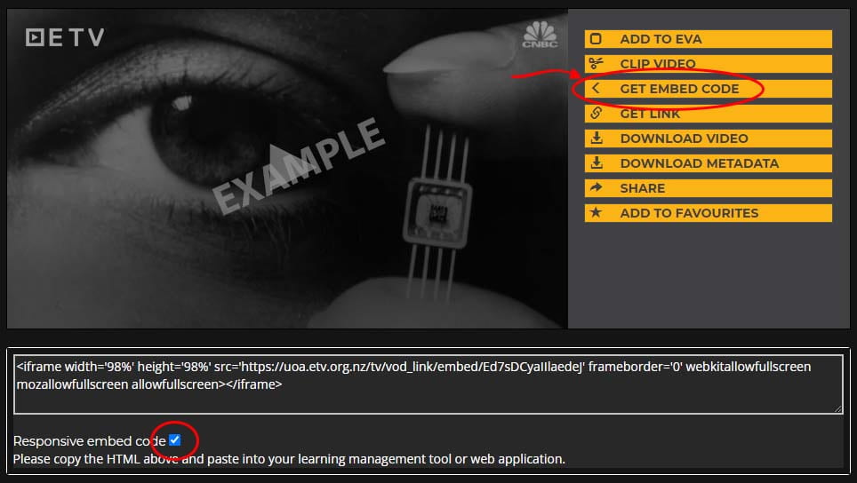 Screenshot of ETV embed code button