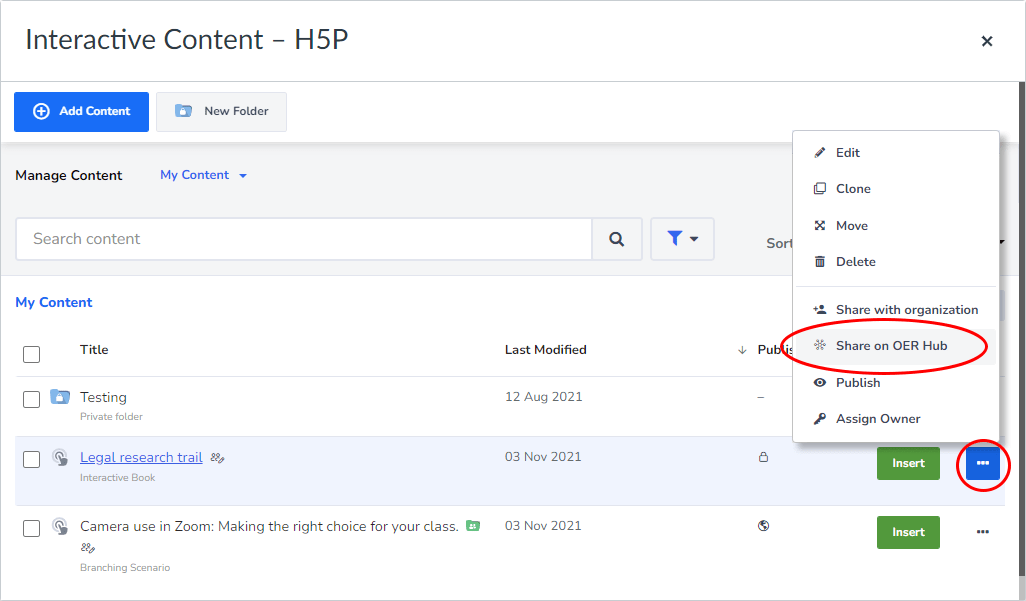H5P content settings, share on OER hub tab