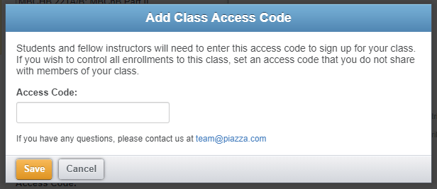 Piazza access code setting