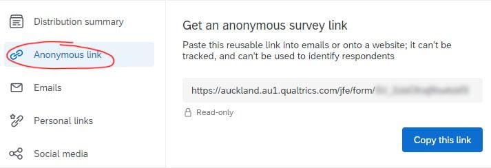 Qualtrics anonymous link URL to the survey