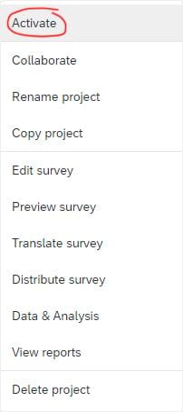 Qualtrics survey options with Activate option highlighted