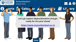 My Auckland uni portal with cartoon characters saying let's get started