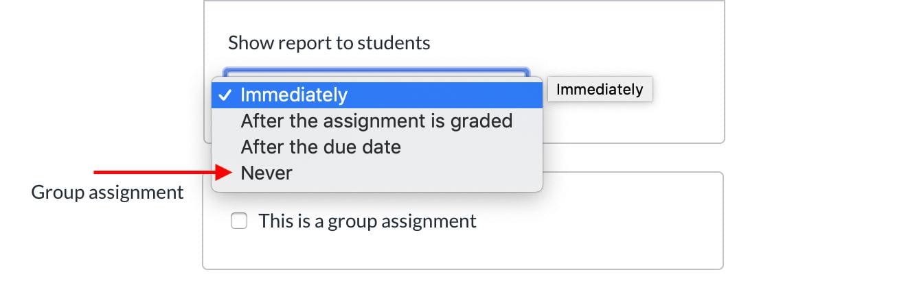 Canvas screenshot showing the Turnitin Similarity Report options