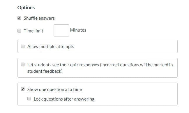 Quiz options with shuffle answers and one question at a time ticked