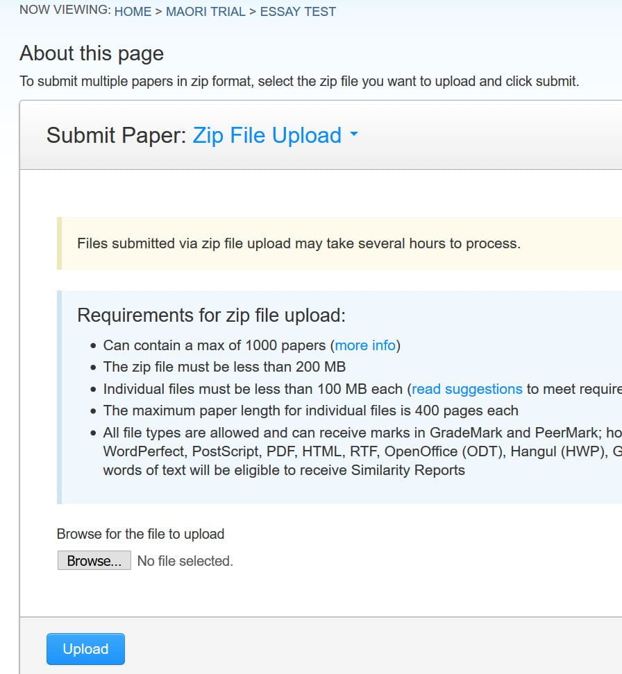 Turnitin screenshot showing the zip file upload screen