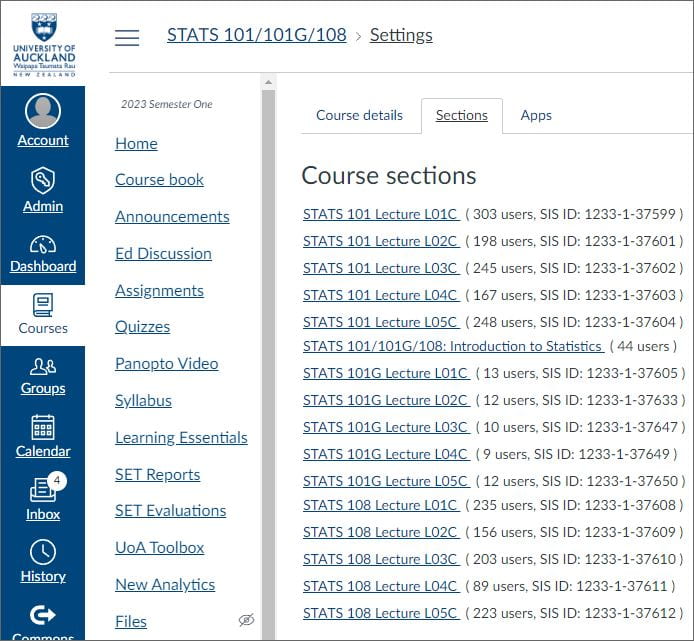 A Canvas course showing student numbers allocated to sections