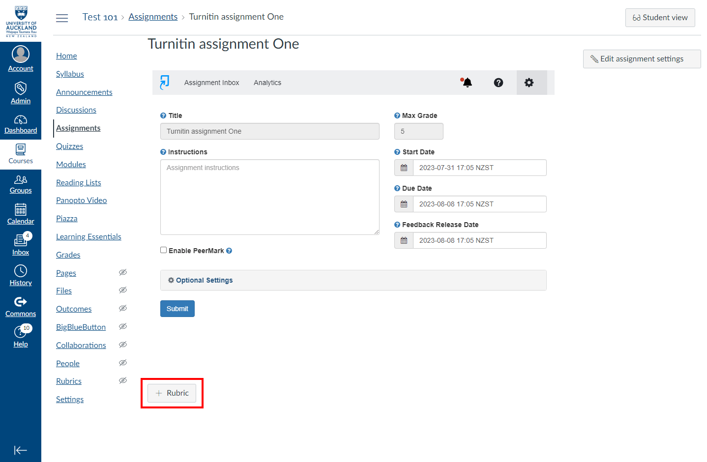 The 'add rubrics' button is external to the assignment settings. When you have added the assignment, ensure you scroll right to the bottom of your page to see the +RUBRIC button at the bottom.